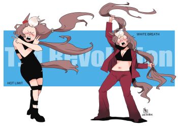  1girl animal_ears black_bodysuit black_bra bodysuit bra breasts brown_hair cleavage closed_eyes commentary_request full_body hair_bobbles hair_ornament hokko_tarumae_(umamusume) holding holding_own_hair horse_ears horse_girl horse_tail hot_limit long_hair low_twintails medium_breasts multicolored_hair onikobe_rin open_clothes open_mouth open_shirt pants red_pants red_shirt shirt t.m.revolution tail twintails two-tone_hair umamusume underwear white_breath_(t.m.revolution) white_hair 