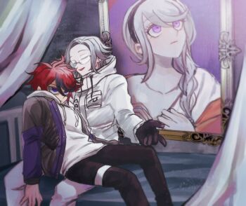  2boys ahoge aotsuki_eito black_gloves black_hairband black_pants black_streaks blue_eyes blue_jacket braid breast_pocket closed_eyes commentary drawstring facing_another fine_art_parody glasses gloves grey_hair grey_jacket hairband hand_on_another's_back highres hood hoodie jacket jacket_over_hoodie kawati kirifuji_nozomi long_hair multicolored_hair multicolored_jacket multiple_boys on_bed open_clothes open_jacket open_mouth painting_(object) pants parody pieta pocket purple_eyes red_hair short_hair sitting smile streaked_hair sumino_takumi the_hundred_line_-last_defense_academy- two-tone_hair two-tone_jacket white_hoodie white_jacket white_pants 