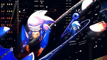  1boy assault_visor commentary english_commentary extendable_limbs flying full_body highres male_focus mecha_sonic_mki_(8-bit) outdoors robot smile sonic_(series) sonic_the_hedgehog_(classic) uug_naa 