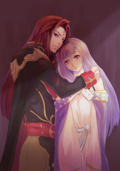  1boy 1girl black_cape brother_and_sister cape commentary_request dress facial_mark fire_emblem fire_emblem:_genealogy_of_the_holy_war forehead_mark highres hug julia_(fire_emblem) julius_(fire_emblem) long_hair looking_at_viewer nintendo parted_lips red_eyes red_hair riou_(pooh920) siblings smile twins white_dress 