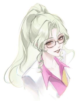  1girl black-framed_eyewear blonde_hair collarbone collared_shirt cropped_shoulders curtained_hair dress_shirt glasses high_ponytail highres jacket long_hair looking_at_viewer mingzi_cmmm parfait_(path_to_nowhere) parted_bangs parted_lips path_to_nowhere pink_shirt ponytail red_eyes shirt sideways_glance simple_background smile solo suit_jacket wavy_hair white_background white_jacket 