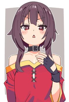  1girl black_gloves blush breasts brown_hair choker commentary gloves hair_between_eyes highres kono_subarashii_sekai_ni_shukufuku_wo! megumin noyama_takenoko open_mouth red_eyes short_hair_with_long_locks simple_background small_breasts solo 