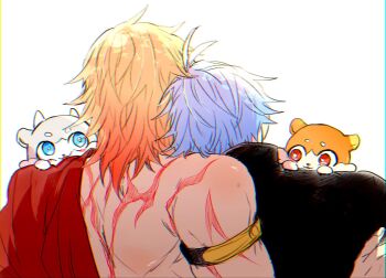  2boys antenna_hair arm_tattoo armlet back_tattoo black_shirt blonde_hair braid chimera_(honkai:_star_rail) commentary_request facial_tattoo from_behind gradient_hair head_on_another's_shoulder highres honkai:_star_rail honkai_(series) jewelry leaning_on_person male_focus medium_hair meshiau79187 multicolored_hair multiple_boys mydei_(fig_stew)_(honkai:_star_rail) mydei_(honkai:_star_rail) open_clothes open_shirt phainon_(honkai:_star_rail) phainon_(vigethos)_(honkai:_star_rail) red_hair red_shirt red_tattoo shirt short_hair side_braid tattoo white_background white_hair yaoi 