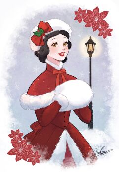  1girl black_hair bow brown_eyes capelet christmas commentary_request dress hair_ornament highres holly holly_hair_ornament lamppost looking_at_viewer moko_eaka red_dress red_lips short_hair smile snow_white_(disney) snow_white_and_the_seven_dwarfs_(disney) 