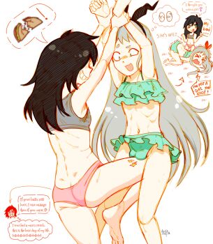  1boy 1girl arms_up ass asuka2004 ball_busting balls_in_panties barefoot black_hair blend_s butt_crack cameltoe crying female_pervert femboy green_eyes green_skirt grey_hair grey_sports_bra groin_attack groin_kick hands_between_legs highres holding_another's_wrist kanzaki_hideri kuroki_tomoko long_hair pain pervert self-upload shrugging skirt sports_bra taco testicles trembling underwear very_long_hair watashi_ga_motenai_no_wa_dou_kangaetemo_omaera_ga_warui! wet 