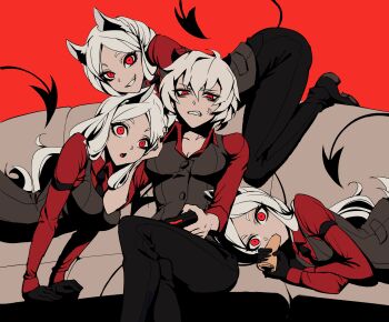  4girls anger_vein animal_ears annoyed black_pants breasts cerberus_(helltaker) cleavage couch demon_boy demon_girl demon_tail dog_ears dog_girl eating faesu food food_in_mouth helltaker highres horns long_hair malina_(helltaker) multiple_girls pants playing_games playing_video_games red_background red_eyes red_shirt shirt short_hair siblings simple_background sisters sitting tail vest waistcoat white_hair  rating:Sensitive score:24 user:danbooru
