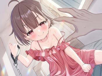  1boy 1girl ahoge assertive_female bare_shoulders blush brother_and_sister brown_hair chain chain_leash closed_mouth commentary dress dutch_angle girl_on_top holding indoors leash lens_flare lingerie looking_at_viewer negligee original pov pov_hands red_dress red_eyes red_negligee short_hair siblings smile solo_focus straddling strap_slip sweat tsukiman underwear v-shaped_eyebrows viewer_on_leash you_gonna_get_raped 