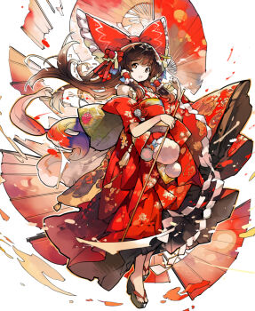  1girl alternate_costume asakura_maru bare_shoulders bow braid brown_eyes brown_hair commentary_request flower folding_fan frilled_bow frilled_hair_tubes frills gohei hair_bow hair_tubes hakurei_reimu hand_fan highres holding holding_gohei japanese_clothes kimono long_hair obi okobo open_mouth platform_sandals print_kimono red_bow red_kimono sandals sash side_braid sidelocks simple_background solo tachi-e touhou very_long_hair white_background 