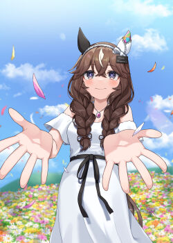 1girl absurdres animal_ears black_ribbon blue_eyes blue_sky blush braid breasts brown_hair character_name closed_mouth cloud cloudy_sky commentary_request crossed_bangs curren_bouquetd'or_(umamusume) day dress falling_petals field flower flower_field hair_between_eyes hands_up highres horse_ears horse_girl jewelry jitsumuraakiho looking_at_viewer looking_up low_twin_braids medium_breasts mismatched_ear_covers multicolored_hair necklace off-shoulder_dress off_shoulder outdoors outstretched_arms petals ribbon sky smile solo streaked_hair twin_braids umamusume waist_ribbon white_dress white_streaks 