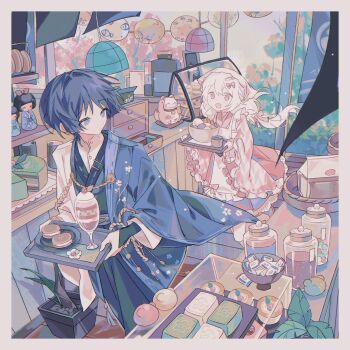  1boy 1girl aiguillette alternate_costume apron artist_request basket black_bridal_gauntlets black_kimono black_pants blue_haori blue_sleeves blunt_ends bow bowl bridal_gauntlets cafe cake candy carton closed_mouth coffee_maker commission commissioner_insert contemporary couple cream_puff cup drawer floral_print floral_print_kimono food food_request frilled_apron frilled_sleeves frills fruit genshin_impact glass grey_hair hair_between_eyes hair_bow hair_intakes hakama hakama_pants haori hayami_momo_(hayamimomo) hetero highres hina_ningyou holding holding_tray ice_cream ice_cream_float indoors japanese_clothes jar kimono lace lace-trimmed_kimono lace_trim layered_sleeves leaf light_blush long_hair long_sleeves looking_at_another looking_back maid maid_apron maneki-neko oc_x_canon open_mouth original pants partially_unbuttoned pink_bow pink_eyes pink_kimono pink_sleeves plant potted_plant print_kimono purple_eyes purple_sash rope sash scaramouche_(genshin_impact) second-party_source shirt sidelocks strawberry tareme tassel tray two-tone_haori undershirt wa_maid wanderer_(genshin_impact) white_apron white_hair white_haori white_shirt white_sleeves wide_sleeves 