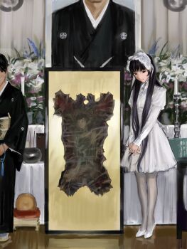  1boy 1girl 1other arm_tattoo bingi black_eyes black_hair bouquet candle dress faceless faceless_male flower formal_clothes funeral funeral_dress funeral_kimono hair_ornament highres historical_connection implied_torture japanese_clothes kimono long_hair looking_at_viewer original own_hands_together skinned tattoo very_long_hair white_dress yakuza 