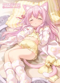  1girl absurdres aged_down animal_ears bra cat_ears cat_girl cat_tail closed_eyes female_focus highres kisaragi_(azur_lane) legs loli medium_hair navel nekomata on_bed open_mouth panties pee peeing pink_hair skeb sleeping socks solo tail underwear wet wet_clothes wet_panties  rating:Explicit score:41 user:Kroko768476