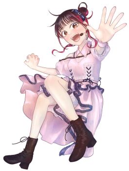  1girl animification aspire_(love_live!) black_hair black_shoes breasts collared_shirt commentary_request hair_bun headset highres inaka_(ina_linden_) lace lips looking_at_viewer love_live! love_live!_superstar!! multicolored_hair official_alternate_costume open_hand open_mouth outstretched_arm real_life red_hair shirt shoelaces shoes short_hair_with_long_locks short_sleeves single_hair_bun solo teeth two-tone_hair voice_actor yabushima_akane 