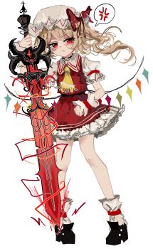  1girl absurdres anger_vein ascot black_choker black_shoes blonde_hair choker collared_shirt commentary crystal crystal_wings english_commentary flandre_scarlet frilled_skirt frills hat highres holding holding_sword holding_weapon mob_cap multicolored_wings one_side_up ougiikun puffy_short_sleeves puffy_sleeves red_eyes red_skirt red_vest shirt shoes short_sleeves simple_background skirt skirt_set socks solo spoken_anger_vein sword touhou vest weapon white_background white_hat white_shirt white_socks wings wrist_cuffs yellow_ascot 
