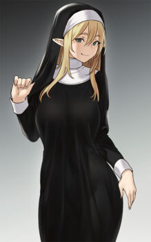  1girl arm_at_side black_dress blonde_hair breasts dress elf female_focus gradient_background green_eyes habit hair_ornament hand_up highres houtengeki large_breasts long_dress long_hair long_sleeves looking_at_viewer nun original pointy_ears sidelocks simple_background smile solo traditional_nun  rating:Sensitive score:98 user:danbooru