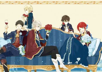  2girls 3boys akagami_no_shirayukihime alcohol black_hair blonde_hair blue_eyes blue_flower blue_rose bouquet bracelet cape couch cup dress drinking_glass earrings flower green_eyes highres jewelry kiki_seiran crossed_legs multiple_boys multiple_girls obi_(akagami_no_shirayukihime) prince red_flower red_hair red_rose rose ryuu_(akagami_no_shirayukihime) shirayuki_(akagami_no_shirayukihime) sitting smile wine wine_glass yellow_eyes zen_wistalia  rating:Sensitive score:1 user:nrt