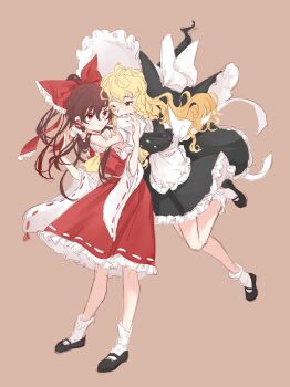  2girls 80isiiii apron ascot black_hat black_shoes black_skirt black_vest blonde_hair blush bow braid brown_hair detached_sleeves frilled_bow frilled_hair_tubes frilled_skirt frills grin hair_bow hair_tubes hakurei_reimu hat hat_bow highres hug hug_from_behind kirisame_marisa long_hair mary_janes multiple_girls one_eye_closed orange_background red_bow red_eyes red_skirt ribbon-trimmed_skirt ribbon-trimmed_sleeves ribbon_trim shoes side_braid simple_background single_braid sketch skirt skirt_set smile socks touhou vest waist_apron white_apron white_bow white_socks witch_hat yellow_ascot yuri 
