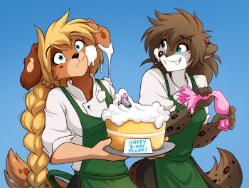  2girls animal_ears animal_nose apron birthday birthday_cake black_skirt blonde_hair blue_background blue_eyes borrowed_character braid braided_ponytail breasts brown_fur brown_hair cake cat_ears cat_girl cat_tail commentary dog_ears dog_girl dog_tail english_commentary food furry furry_female gift_art green_apron grin happy_birthday highres holding holding_cake holding_food holding_pasteur_pipette icing kathrin_vaughan long_hair medium_breasts multiple_girls oc_x_canon official_art original shirt simple_background skirt smile snout spotted_fur sweat tail tom_fischbach twokinds upper_body very_long_hair white_shirt wide-eyed you're_doing_it_wrong zofie_(fluff-kevlar) 