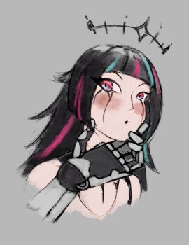  1girl :o black_hair black_liquid blue_eyes blue_hair emma_llama floating_headgear grabbing_another's_chin grey_background hand_on_another's_chin headgear indie_virtual_youtuber ink liquid_from_eyes long_hair looking_at_viewer mechanical_arms mechanical_hands multicolored_eyes multicolored_hair pink_eyes pink_hair robot simple_background single_mechanical_arm sirmalervik solo solo_focus streaked_hair two-tone_eyes virtual_youtuber 