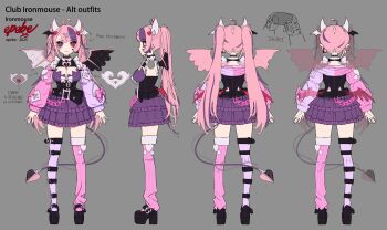  1girl asymmetrical_legwear black_shoes breasts cleavage commentary demon_girl demon_horns demon_tail demon_wings dress english_commentary epebe frilled_dress frills hair_ornament heart heart_hair_ornament highres horns ironmouse large_breasts looking_at_viewer official_alternate_costume official_art pink_theme purple_dress shoes solo tail thigh_strap vshojo wings 