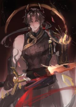  1boy 2155784528 absurdres arknights black_hands black_shirt chongyue_(arknights) colored_extremities cowboy_shot dragon_horns eastern_dragon_horns floating_hair hand_up highres holding holding_sword holding_weapon horns looking_at_viewer low_ponytail parted_bangs parted_lips ponytail shirt shuo's_husk_(arknights) sketch sleeveless smile solo sword tail weapon yellow_eyes 