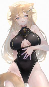  1girl absurdres animal_ears bare_hips black_leotard blonde_hair blue_eyes breasts cat_ears cat_girl cat_tail cleavage_cutout clothing_cutout fang hair_between_eyes hair_ornament halo hashtag-only_commentary highres kaneko_lumi large_breasts lattemeowcatto leotard long_hair looking_at_viewer phase_connect skin_fang solo sparkle_hair_ornament star_(symbol) star_hair_ornament tail thighs virtual_youtuber white_background 