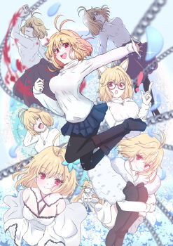  ! 6+girls :d ahoge animal_ear_fluff animal_ears antenna_hair archetype_earth arcueid_brunestud arcueid_brunestud_(clad_in_glacier) arms_behind_back bare_shoulders black_pantyhose black_ribbon black_thighhighs blood blue_flower blush boots breasts brown_boots buckle_boot capelet cat_ears cat_girl chain cleavage closed_eyes commentary_request detached_sleeves dress evil_smile falling_petals field fingernails floating floating_clothes floating_hair flower flower_field giorgio_(yo_sumire_sola1) glasses gold_trim hair_flower hair_ornament high_heels highres hugging_own_legs index_finger_raised jewelry laughing long_hair looking_at_viewer miniskirt multiple_girls multiple_persona necklace official_alternate_costume open_mouth pantyhose partially_shaded_face petals reaching reaching_towards_viewer red_arcueid ribbon sharp_fingernails skirt smile teeth thighhighs tsukihime tsukihime_(remake) upper_teeth_only very_long_hair wavy_hair white_capelet white_dress 