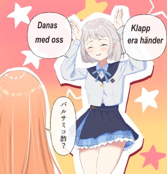  2girls ^_^ arms_up blue_ribbon blue_skirt blush braid caramelldansen closed_eyes commentary_request cowboy_shot dancing dorachi dot_nose facing_another gakuen_idolmaster gradient_background grey_hair hair_ribbon half_up_braid hatsuboshi_gakuen_school_uniform highres idolmaster jacket katsuragi_lilja long_hair long_sleeves multiple_girls neck_ribbon open_mouth orange_background orange_hair outline pink_background pleated_skirt rabbit_pose ribbon ribbon_braid school_uniform shirt shiun_sumika short_hair skirt smile speech_bubble standing star_(symbol) star_symbol_background thick_outlines white_outline white_shirt 