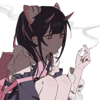  1boy animal_ear_fluff animal_ears backpack bag between_fingers black_hair black_sleeves blunt_bangs chinese_commentary cho_kaguya-hime! cigarette commentary_request crossdressing crossdressing_(mtf) detached_sleeves frilled_sleeves frills holding holding_cigarette horns jinjing_qiewu knees_up komazawa_noi long_hair long_sleeves male_focus multicolored_hair pink_bag pink_eyes sitting smoke solo streaked_hair tiger_ears trap twintails white_background 