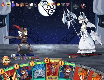  breasts card commentary_request demon_girl demon_horns demon_wings dress drill_hair duel_monster gameplay_mechanics grey_hair health_bar highres horns knight_(yu-gi-oh!) large_breasts lovely_labrynth_of_the_silver_castle moon night partial_commentary pointy_ears sawan_cutman slay_the_spire star_(sky) sword weapon white_dress wings yu-gi-oh! 