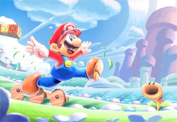  1boy ?_block artist_name blue_eyes blue_overalls blue_sky commentary_request facial_hair fence gloves grass happy hat highres jumping male_focus maribou_(supermaribou) mario mario_(series) mustache nintendo open_mouth outdoors overalls red_hat red_shirt shirt short_hair sky super_mario_bros._wonder talking_flower_(mario) teeth upper_teeth_only watermark white_gloves wooden_fence 