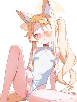  1girl absurdres animal_ear_fluff animal_ears armpit_crease bare_shoulders blonde_hair blue_archive breasts clothes_lift clothing_aside covered_erect_nipples covered_navel fox_ears fox_girl fox_tail hair_over_one_eye halo hat highres lifting_own_clothes loli long_hair looking_at_viewer looking_over_eyewear one-piece_swimsuit orange-tinted_eyewear pussy seia_(blue_archive) seia_(swimsuit)_(blue_archive) side_ponytail small_breasts smile solo sunglasses swimsuit swimsuit_aside tail tinted_eyewear visor_cap white_one-piece_swimsuit yellow_halo yellow_hat zhanderlul 