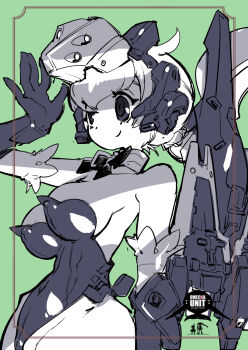  1girl advance_of_zeta advance_of_zeta_re-boot ahoge breasts closed_mouth commentary_request covered_erect_nipples covered_navel cowboy_shot detached_collar elbow_gloves from_side gaplant gloves green_background gundam hand_up head-mounted_display highres kenki_fujioka large_breasts leotard mecha mecha_musume notice_lines open_hand personification robot science_fiction simple_background smile solo standing strapless strapless_leotard thighs zeta_gundam 