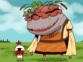  aki_minoriko aki_minoriko_(cosplay) aki_shizuha aki_shizuha_(cosplay) apron black_skirt cloud commentary_request cosplay day final_fantasy final_fantasy_xi food full_body gigaworm grape_hat_ornament grass hat mandragora_(final_fantasy) mob_cap monster no_humans onikobe_rin open_mouth orange_apron outdoors shirt skirt sweet_potato touhou yellow_shirt 