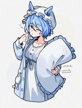  1girl animal_ears blue_eyes blue_hair blue_robe blush breasts collarbone commentary_request dress ears_through_headwear hair_between_eyes highres holding holding_pillow horse_ears horse_girl k.s.miracle_(umamusume) long_sleeves looking_at_viewer nightgown one_eye_closed open_clothes open_robe parted_lips pillow robe saramiao-chan short_hair simple_background small_breasts solo squeans umamusume white_dress 