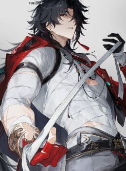  1boy absurdres artist_name bandaged_arm bandaged_chest bandaged_torso bandages bangle beads belt black_hair blade_(elation)_(honkai:_star_rail) blade_(honkai:_star_rail) bracelet double-parted_bangs earrings gloves hashtag-only_commentary highres honkai:_star_rail honkai_(series) jacket jewelry long_hair male_focus mismatched_earrings necklace open_clothes open_jacket pants parted_lips red_eyes single_glove stretching tassel toned toned_male very_long_hair yuelight 