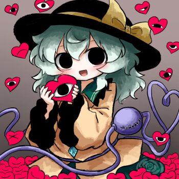  1girl black_eyes black_hat bow buttons diamond_button empty_eyes eyeball floral_print frilled_shirt_collar frilled_sleeves frills gradient_background green_eyes green_hair green_skirt hat hat_bow heart heart_of_string heripantomorrow komeiji_koishi long_hair long_sleeves looking_at_viewer print_skirt rose_print shirt skirt solo third_eye touhou wide_sleeves yellow_bow yellow_shirt 