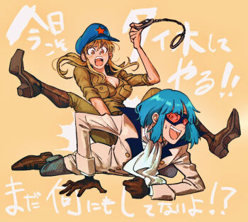  1boy 1girl ascot blonde_hair blue_hat breasts brown_eyes brown_footwear brown_gloves brown_jacket brown_pants cleavage cuffs eyelashes gloves goggles grey_pants handcuffs hashi84e hat holding holding_handcuffs jacket long_hair open_mouth pants rainbow_parakeet rainbow_parakeet_(character) senri_mariko teeth translation_request upper_teeth_only white_ascot 
