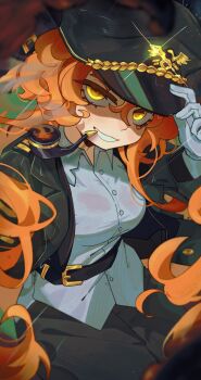  1girl absurdres belt belt_around_waist black_belt blush_stickers breasts collared_shirt commentary cowboy_shot english_commentary freckles gloves glowing glowing_eyes green_hat green_jacket green_pants grin hat highres ishmael_(project_moon) jacket lapels limbus_company long_hair long_sleeves looking_at_viewer medium_breasts messy_hair military_hat momoiiroo notched_lapels open_clothes open_jacket orange_hair pants pequod_(identity)_(project_moon) project_moon rain see-through_clothes shirt smile smoke smoke_trail smoking_pipe solo_focus water_drop wet wet_clothes white_gloves white_shirt yellow_eyes 