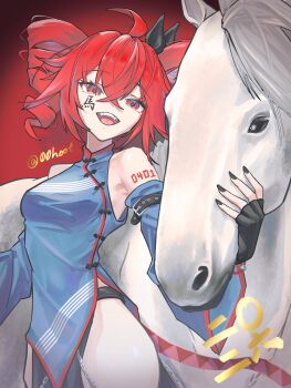  1girl adapted_costume ahoge artist_name belt black_gloves black_nails breasts china_dress chinese_clothes chinese_commentary chinese_new_year chinese_zodiac coll commentary_request crossed_bangs detached_sleeves dress drill_hair fingerless_gloves gloves grey_dress highres hoot_(00hoot) horse kasane_teto looking_at_viewer number_tattoo open_mouth red_background red_eyes red_hair shoulder_tattoo sleeveless sleeveless_dress solo tattoo translated twin_drills utau white_horse year_of_the_horse 