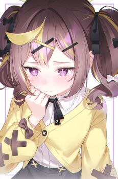  1girl black_ribbon black_skirt blonde_hair blue_archive blush bow cardigan cheuni collared_shirt commentary cross-laced_clothes cross-laced_sleeves hair_between_eyes hair_bow highres long_hair long_sleeves multicolored_hair neck_ribbon outside_border purple_eyes rena_(blue_archive) ribbon shirt sidelocks skirt solo standing streaked_hair twintails upper_body wavy_hair white_shirt yellow_cardigan 