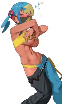  1girl abs armpit_crease armpits baggy_pants belly belt blonde_hair blue_eyes blue_hair blue_nails blush breasts canari_(pokemon) crop_top dark-skinned_female dark_skin ear_blush feet_out_of_frame groin hair_ornament hands_on_own_chest heart hip_bones hip_strap large_breasts mask midriff mouth_mask multicolored_eyes multicolored_hair nail_polish navel nintendo pants pocket pokemon pokemon_legends:_z-a radon86_nya shirt sidelocks simple_background solo split-color_hair standing steam stomach strap toned toned_female twintails two-tone_hair two-tone_pants underboob undressing yellow_eyes yellow_shirt 