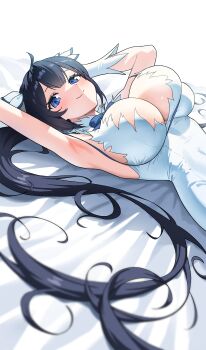 1girl absurdres armpits black_hair blue_eyes breasts cleavage commentary dress dungeon_ni_deai_wo_motomeru_no_wa_machigatteiru_darou_ka ellen_doe gloves hestia_(danmachi) highres large_breasts long_hair looking_at_viewer lying on_back seductive_gaze seductive_smile smile solo very_long_hair white_dress white_gloves
