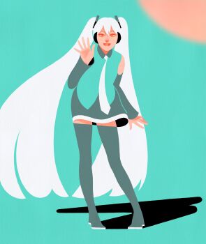  1girl :d aka_outwork aqua_background aqua_shirt boots collared_shirt commentary detached_sleeves flat_color grey_boots grey_skirt grey_sleeves hashtag-only_commentary hatsune_miku highres long_hair long_sleeves looking_at_viewer necktie nose open_mouth shirt skirt sleeveless sleeveless_shirt smile solo standing teeth thigh_boots twintails upper_teeth_only very_long_hair vocaloid waving white_hair white_necktie 