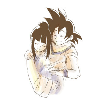  1boy 1girl black_hair chi-chi_(dragon_ball) china_dress chinese_clothes dragon_ball dragonball_z dress happy husband_and_wife ponytail pregnant short_hair simple_background smile son_goku spiked_hair  rating:Sensitive score:15 user:zeroxdash