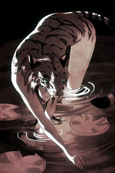 1girl all_fours animal_costume animal_ears animal_print artist_name commentary english_commentary furry furry_female lily_pad long_hair looking_at_viewer monochrome nana_nakano original sepia solo tail tiger_costume tiger_ears tiger_print tiger_tail wading water 