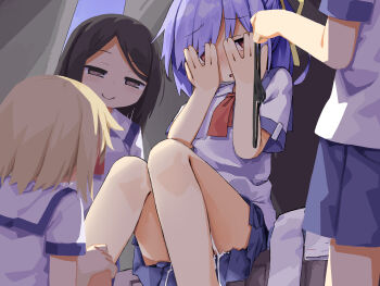  4girls absurdres after_masturbation alley black_panties blonde_hair blue_skirt blush brown_eyes brown_hair caught commentary covering_face day dot_nose embarrassed eyebrows_hidden_by_hair feet_out_of_frame female_pervert grin hair_ribbon half-closed_eyes hassai highres holding holding_panties holding_underwear holding_unworn_clothes knees_together_feet_apart loli long_hair looking_at_another looking_down medium_hair multiple_girls neckerchief nose_blush one_side_up open_mouth original outdoors panties parted_bangs pervert pleated_skirt pussy_juice pussy_juice_drip pussy_juice_trail red_eyes red_neckerchief ribbon school_uniform shirt short_hair short_sleeves sitting skirt smile smirk squatting standing underwear unworn_panties wet wet_clothes wet_panties white_shirt yellow_ribbon yuri  rating:Questionable score:66 user:laura.loli