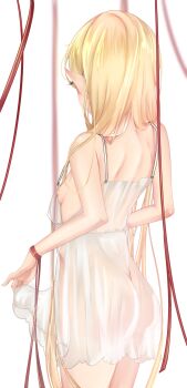 1girl absurdres ass back bare_legs bare_shoulders blonde_hair breasts clothes_lift cowboy_shot dress dress_lift eyelashes female_focus from_behind hair_ribbon highres lifting_own_clothes loli long_hair meemz_a monogatari_(series) nipples no_bra no_panties oshino_shinobu pointy_ears red_ribbon ribbon simple_background small_breasts solo standing transparent vampire white_background white_dress rating:Questionable score:59 user:Only_Kemonomimi