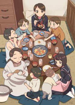  3girls 5boys absurdres apron bag black_serafuku black_shirt black_skirt bowl brown_eyes brown_hair child chopsticks commentary_request cracked_bowl cup cushion dinner drinking_glass family family_bonding from_above highres indoors kojiro337 light_blush looking_at_another medium_hair miso_soup multiple_boys multiple_girls neckerchief original pink_apron pleated_skirt red_neckerchief rice rice_cooker satchel school_uniform seiza serafuku shamoji shirt sitting skirt table tatami toddler white_apron wiping_another's_face zabuton 