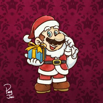  1boy absurdres alternate_costume belt black_belt blue_eyes boots brown_boots brown_hair facial_hair gift gloves hat highres holding holding_gift jacket junithepuny mario mario_(series) mustache nintendo open_mouth pants patterned_background purple_background red_hat red_jacket red_pants santa_costume santa_hat short_hair signature solo super_star_(mario) teeth upper_teeth_only white_gloves 